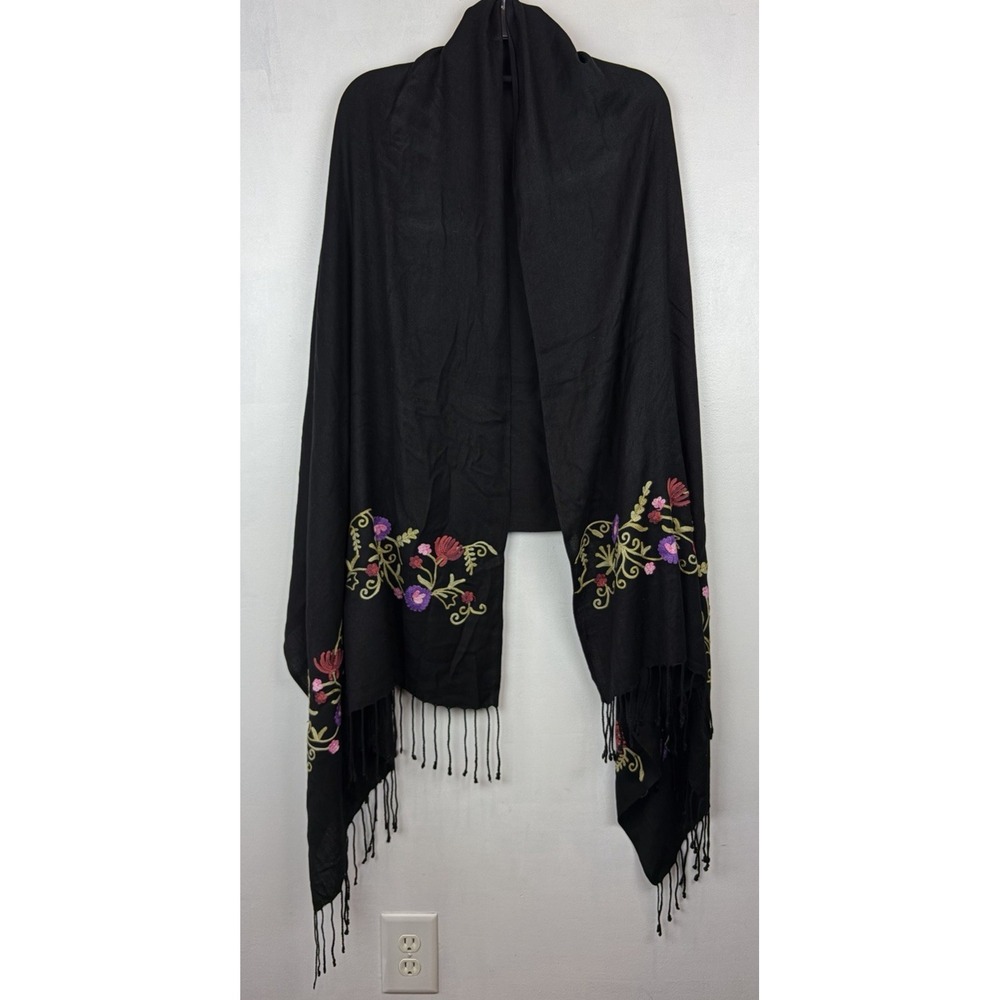 Embroidered  Crewel Scarf Shawl Black Floral Luxury Old Money Soft Artsy Boho